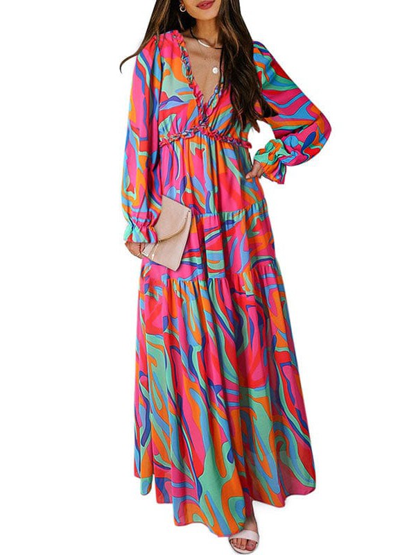 Ditsy Floral Print Women's V-Neck Ruffle Puff Sleeve Chiffon Dress with High Waist