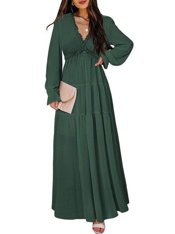 Ditsy Floral Print Women's V-Neck Ruffle Puff Sleeve Chiffon Dress with High Waist