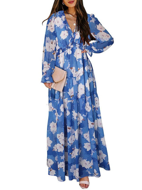 Ditsy Floral Print Women's V-Neck Ruffle Puff Sleeve Chiffon Dress with High Waist