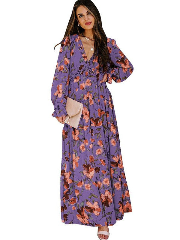 Ditsy Floral Print Women's V-Neck Ruffle Puff Sleeve Chiffon Dress with High Waist