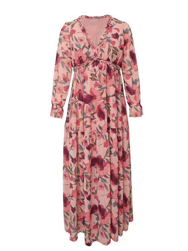 Ditsy Floral Print Women's V-Neck Ruffle Puff Sleeve Chiffon Dress with High Waist