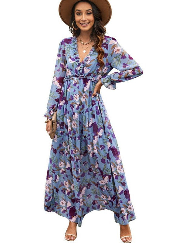 Ditsy Floral Print Women's V-Neck Ruffle Puff Sleeve Chiffon Dress with High Waist