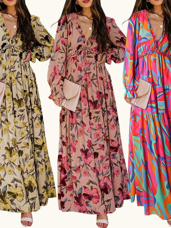 Ditsy Floral Print Women's V-Neck Ruffle Puff Sleeve Chiffon Dress with High Waist