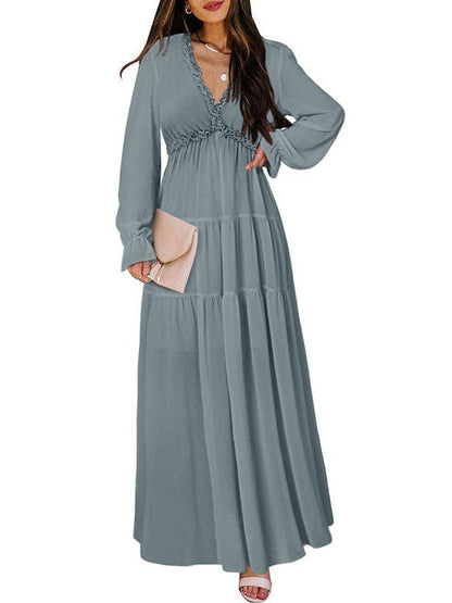 Ditsy Floral Print Women's V-Neck Ruffle Puff Sleeve Chiffon Dress with High Waist