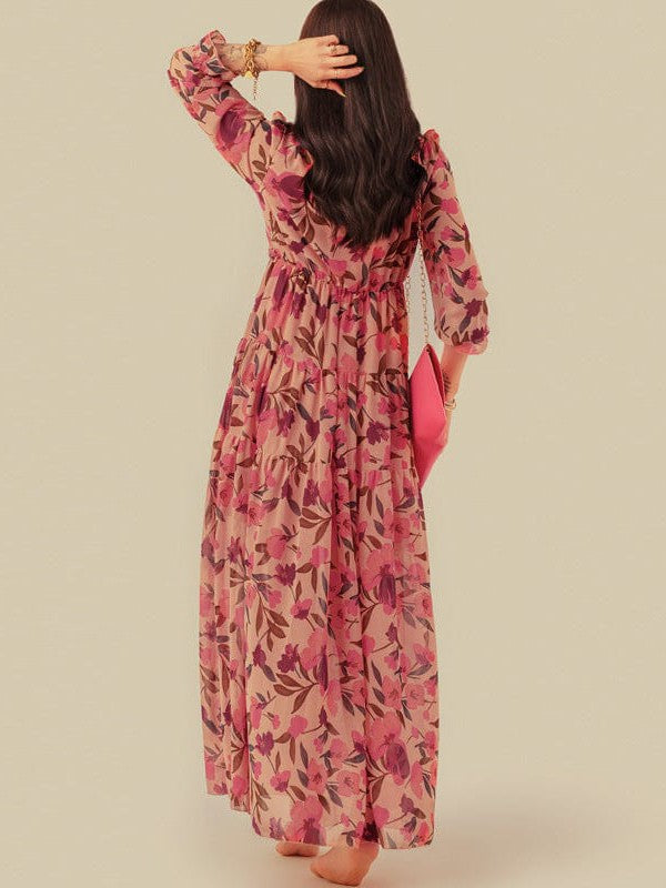 Ditsy Floral Print Women's V-Neck Ruffle Puff Sleeve Chiffon Dress with High Waist