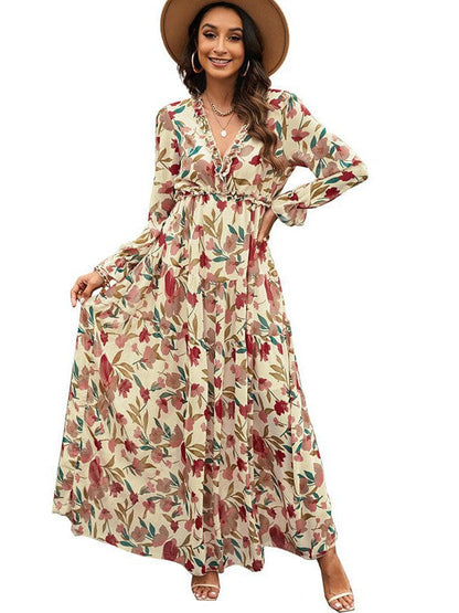 Ditsy Floral Print Women's V-Neck Ruffle Puff Sleeve Chiffon Dress with High Waist