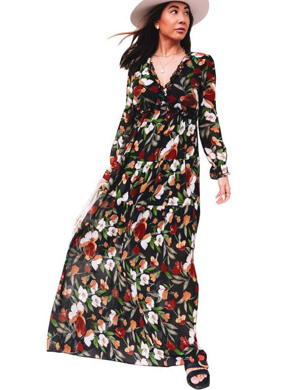 Ditsy Floral Print Women's V-Neck Ruffle Puff Sleeve Chiffon Dress with High Waist