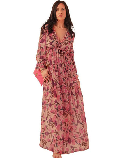 Ditsy Floral Print Women's V-Neck Ruffle Puff Sleeve Chiffon Dress with High Waist