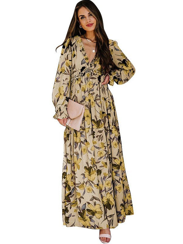 Ditsy Floral Print Women's V-Neck Ruffle Puff Sleeve Chiffon Dress with High Waist