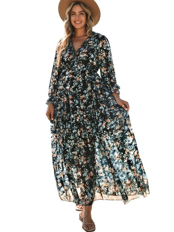 Ditsy Floral Print Women's V-Neck Ruffle Puff Sleeve Chiffon Dress with High Waist