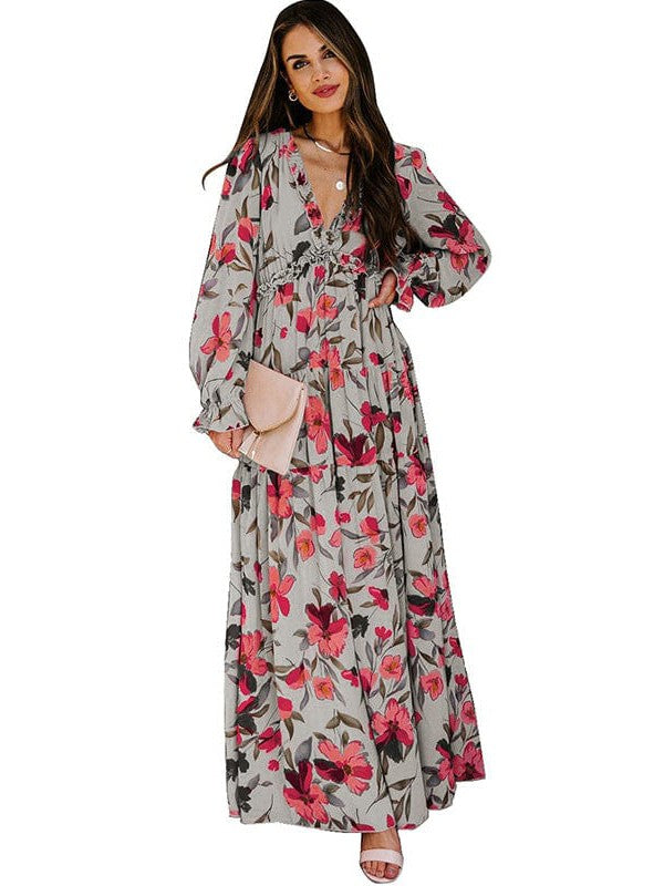 Ditsy Floral Print Women's V-Neck Ruffle Puff Sleeve Chiffon Dress with High Waist