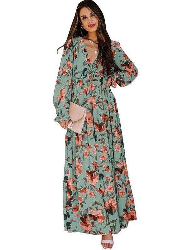 Ditsy Floral Print Women's V-Neck Ruffle Puff Sleeve Chiffon Dress with High Waist