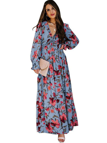 Ditsy Floral Print Women's V-Neck Ruffle Puff Sleeve Chiffon Dress with High Waist