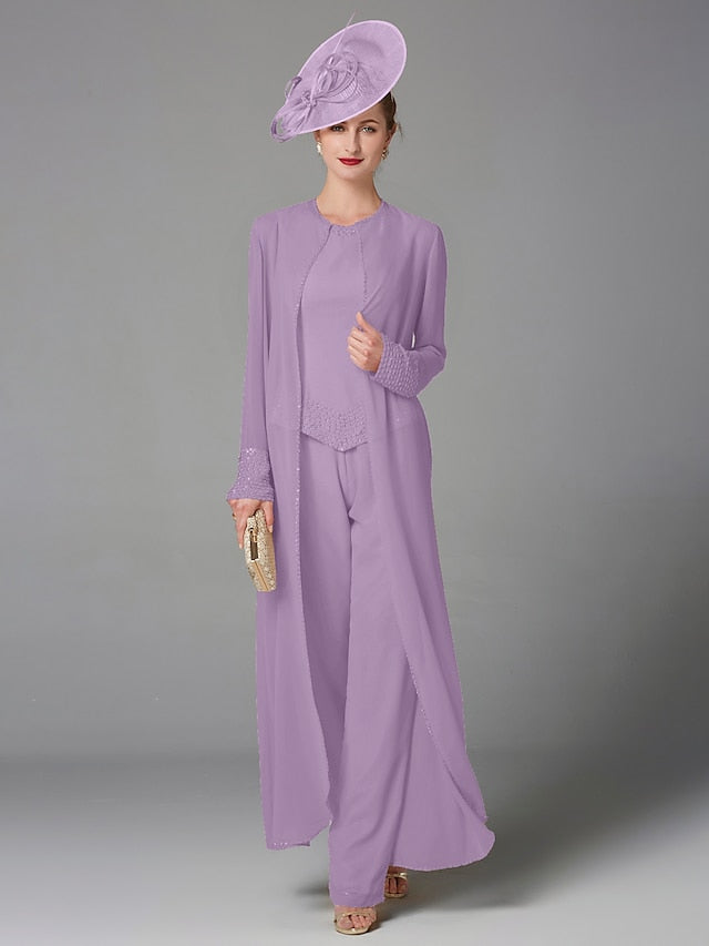 Jumpsuit / Pantsuit 3 Piece Mother of the Bride Dress Formal Plus Size Elegant Wrap Included Bateau Neck Floor Length Chiffon Sleeveless with Beading Appliques 2023 - LuckyFash™
