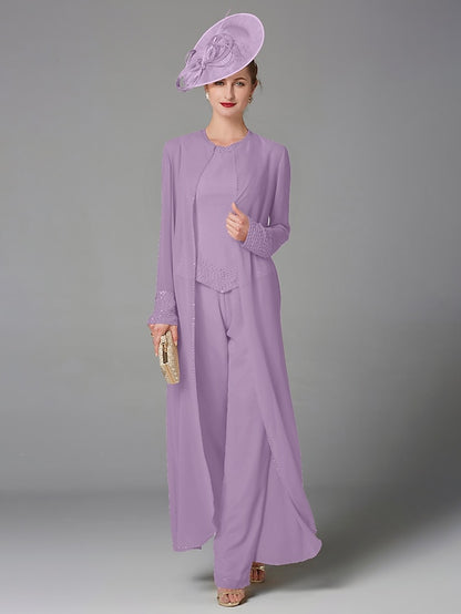 Jumpsuit / Pantsuit 3 Piece Mother of the Bride Dress Formal Plus Size Elegant Wrap Included Bateau Neck Floor Length Chiffon Sleeveless with Beading Appliques 2023 - LuckyFash™