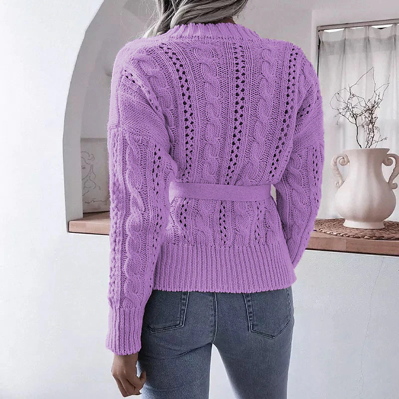 Women's Cardigan Sweater Jumper Cable Knit Lace up Button Pure Color Crew Neck Stylish Casual Outdoor Daily Winter Fall Purple Yellow S M L / Cotton / Long Sleeve / Cotton / Holiday / Regular Fit