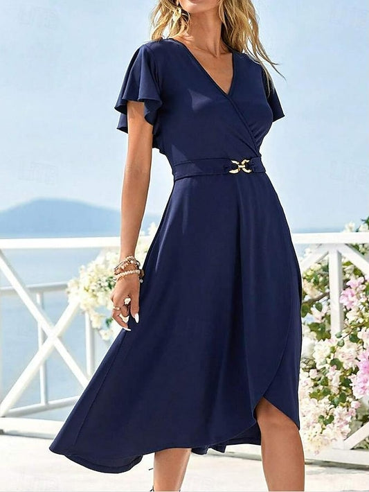 Women's Elegant Dress Midi Dress Chiffon Pleated Ruffle Party Elegant Crew Neck Sleeveless Dark Blue Color