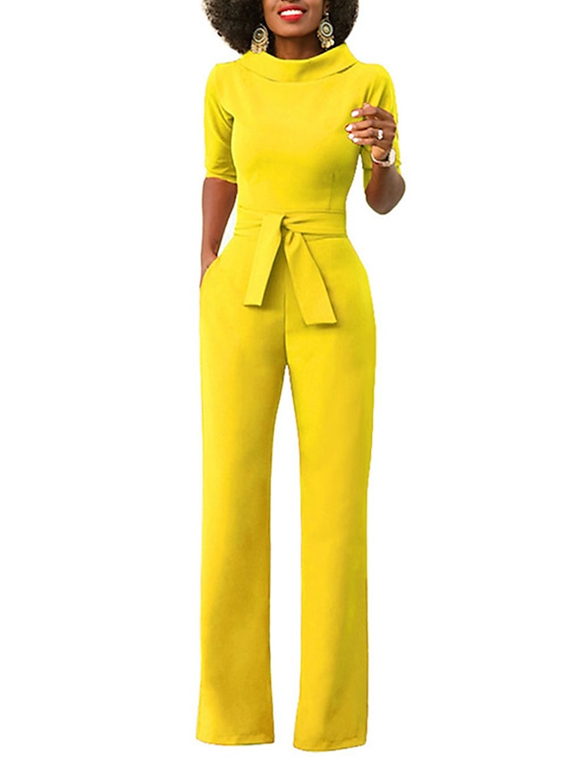 Jumpsuits for Women Summer Dressy Clean Fit Pocket High Waist Solid Color Stand Collar Business Office Work Regular Fit Half Sleeve Black White Yellow S M L - LuckyFash™