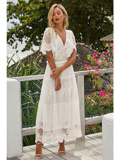 Women's Dress - Party Dress Lace Dress Swing Dress Maxi long Dress White Short Sleeve Pure Color Lace Spring Summer V Neck Boho 2023 S M L XL