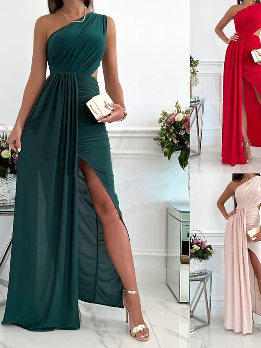 Women's Dress - Party Dress Long Dress Maxi Dress Green Red Beige Sleeveless One Shoulder Pure Color Patchwork Spring Summer Dress 2023 S M L XL XXL
