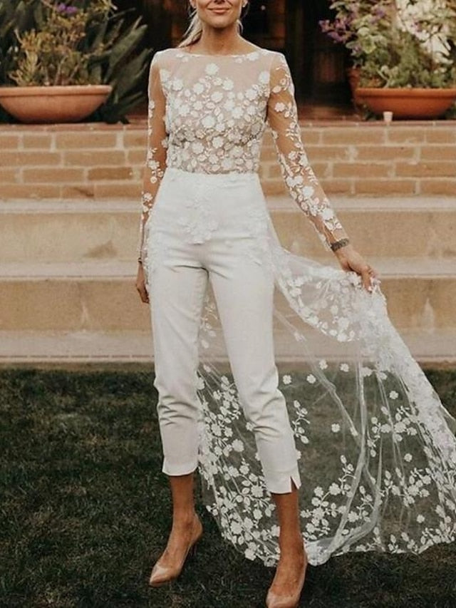 Hall Open Back Wedding Dresses Jumpsuits Scoop Neck Long Sleeve Sweep / Brush Train Lace Bridal Gowns With Flower 2023 Summer Wedding Party, Women's Clothing - LuckyFash™