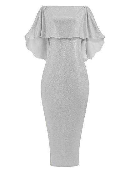Women's Dress - Formal Party Dress Cocktail Dress Long Dress Maxi Dress Silver Black Champagne Half Sleeve Pure Color Cold Shoulder Winter Fall Spring Off Shoulder Mature Evening Party Wedding