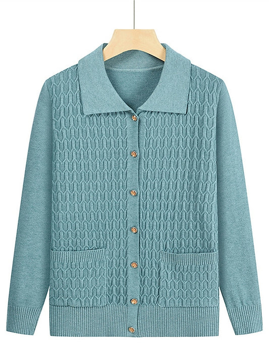 Women's Cardigan Shirt Collar Cable Knit Polyester Button Pocket Knitted Fall Winter Regular Outdoor Christmas New Year Fashion Casual Soft Long Sleeve Floral Red Purple Fuchsia XL 2XL 3XL