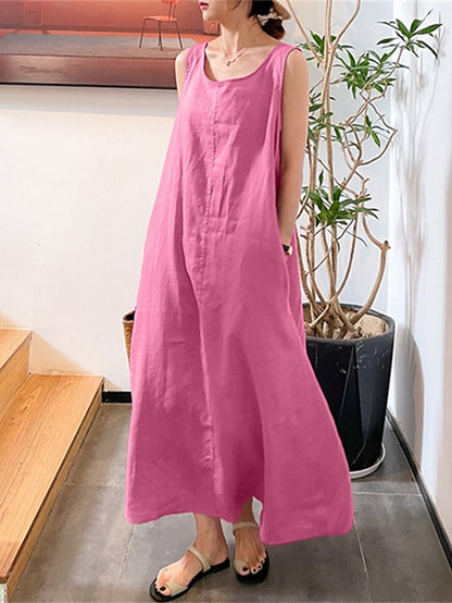 Women's Dress - Cotton Linen Dress Casual Dress Shift Dress Maxi long Dress Cotton Blend Basic Casual Daily Holiday Vacation Crew Neck Pocket Sleeveless Summer Spring 2023 Loose Fit Yellow Pink Red Pure Color