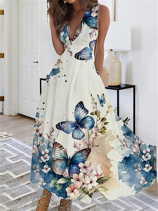 Women's Dress - Long Dress Maxi Dress Casual Dress Swing Dress A Line Dress Floral Butterfly Fashion Streetwear Outdoor Daily Date Print Sleeveless V Neck Dress Regular Fit Black White Yellow Summer Spring S