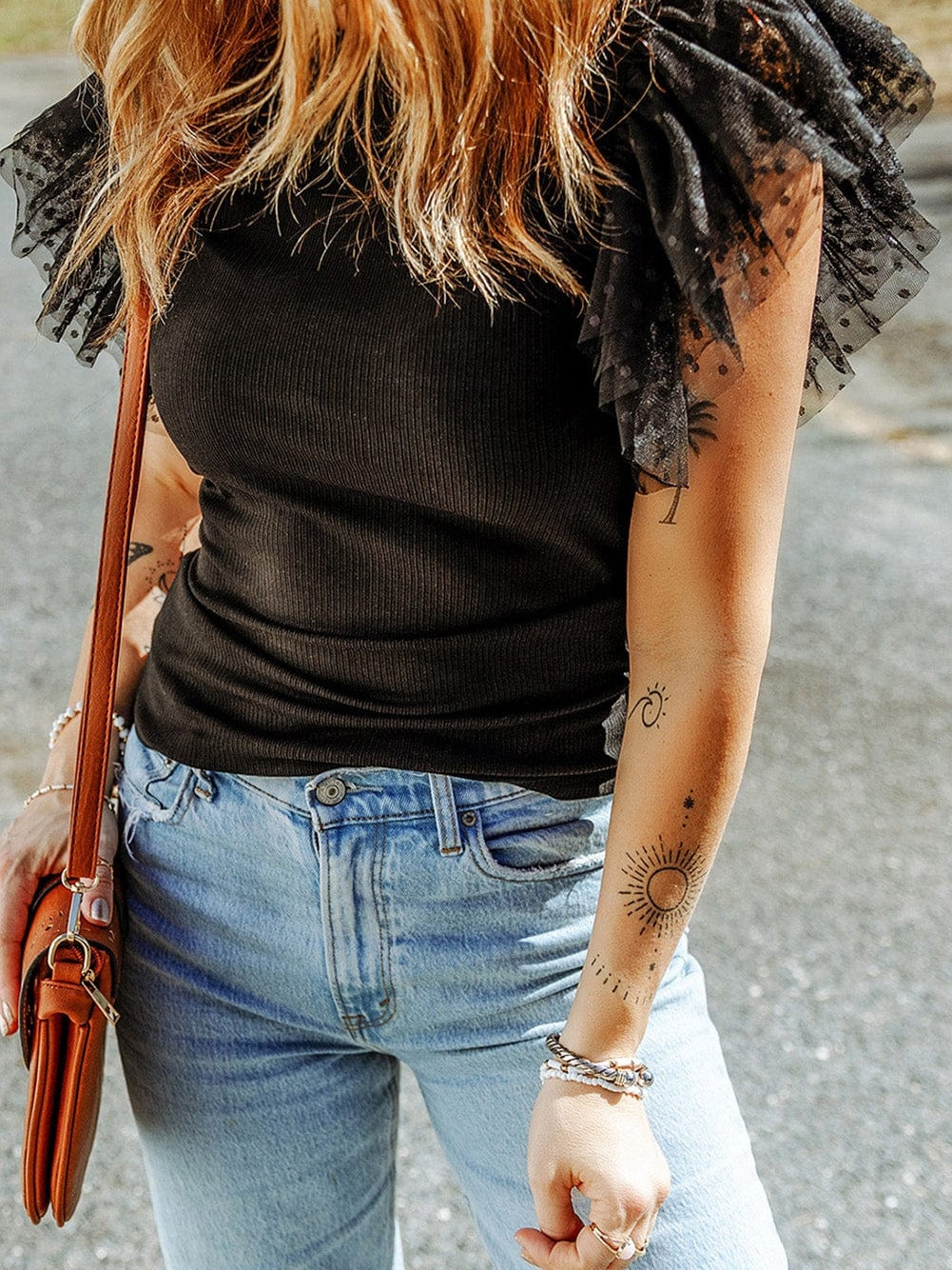 Dotted Black Mesh Ruffle Sleeve Top with Ribbed Knit Texture