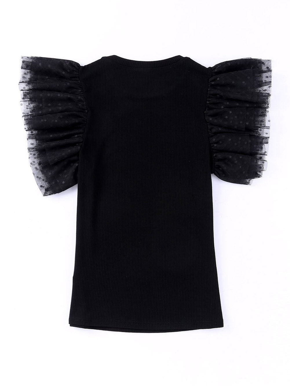 Dotted Black Mesh Ruffle Sleeve Top with Ribbed Knit Texture