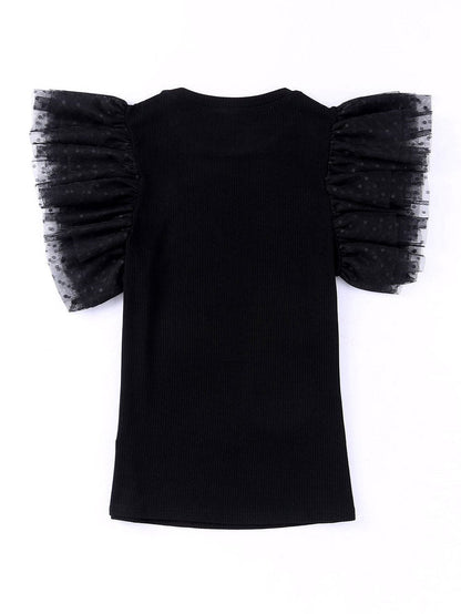 Dotted Black Mesh Ruffle Sleeve Top with Ribbed Knit Texture