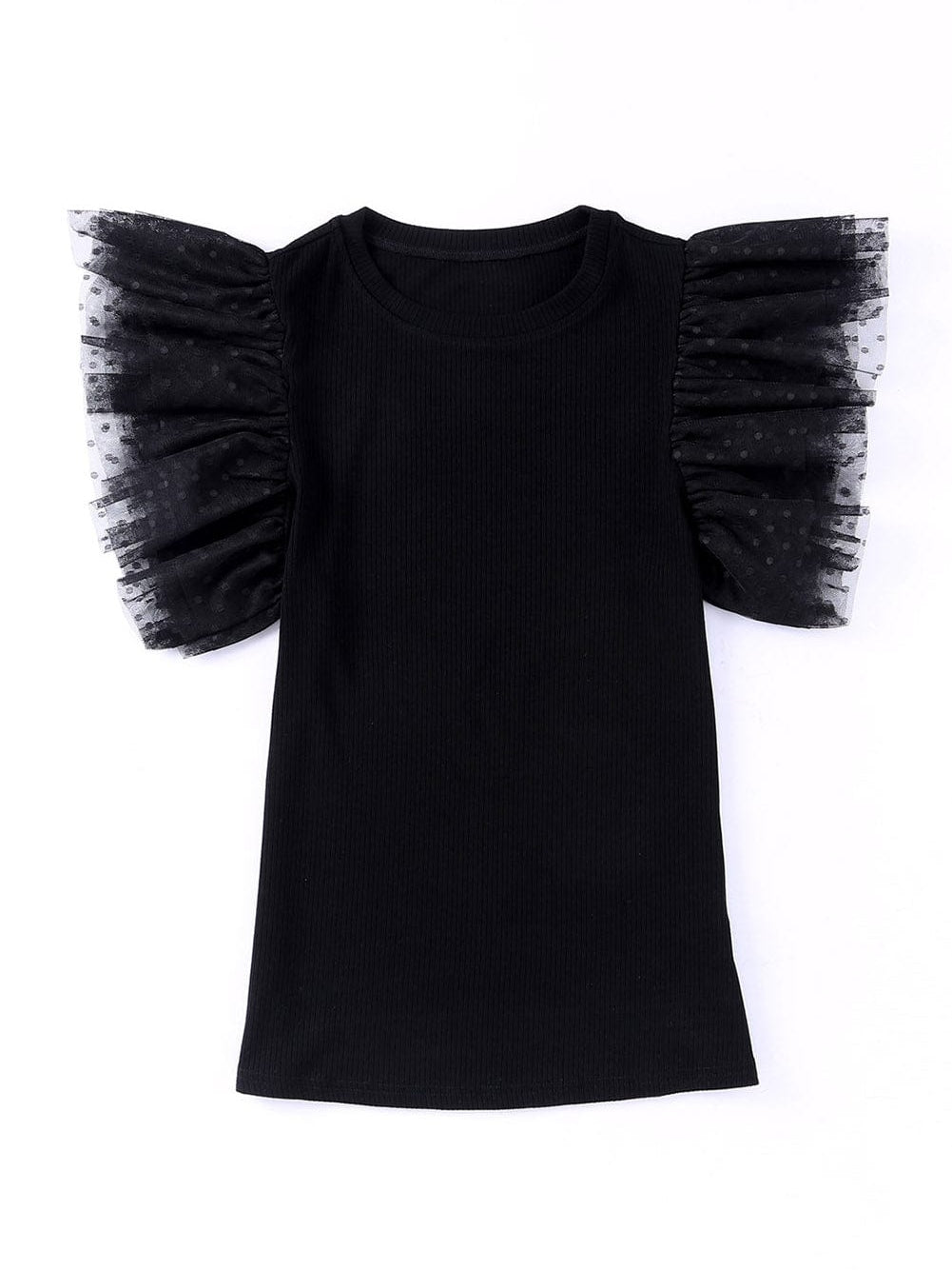 Dotted Black Mesh Ruffle Sleeve Top with Ribbed Knit Texture