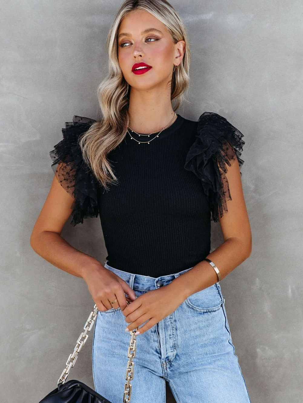 Dotted Black Mesh Ruffle Sleeve Top with Ribbed Knit Texture