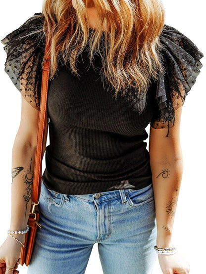 Dotted Black Mesh Ruffle Sleeve Top with Ribbed Knit Texture