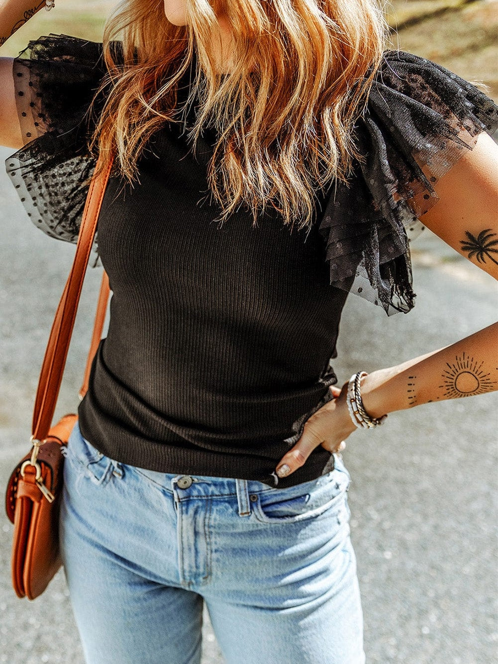 Dotted Black Mesh Ruffle Sleeve Top with Ribbed Knit Texture