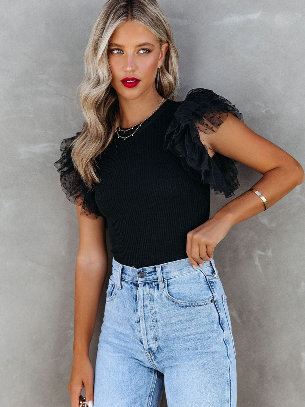 Dotted Black Mesh Ruffle Sleeve Top with Ribbed Knit Texture