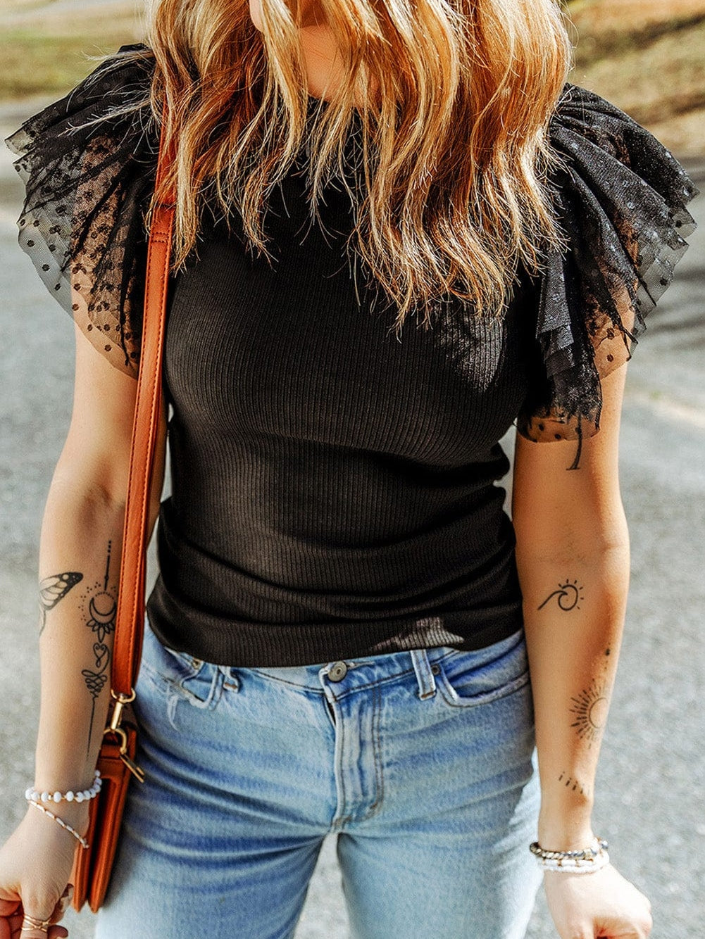 Dotted Black Mesh Ruffle Sleeve Top with Ribbed Knit Texture