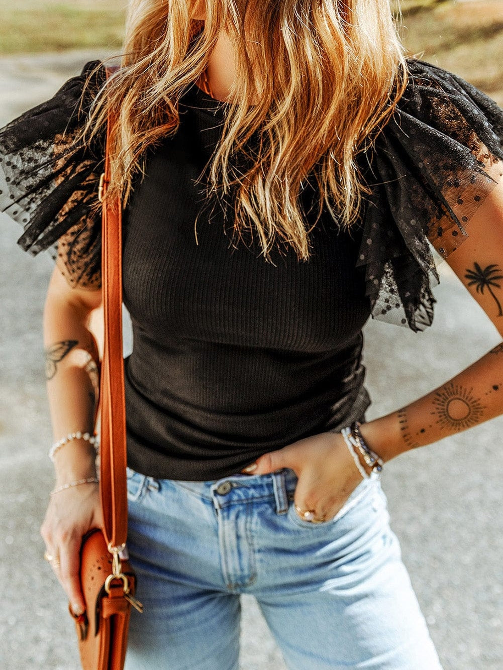 Dotted Black Mesh Ruffle Sleeve Top with Ribbed Knit Texture