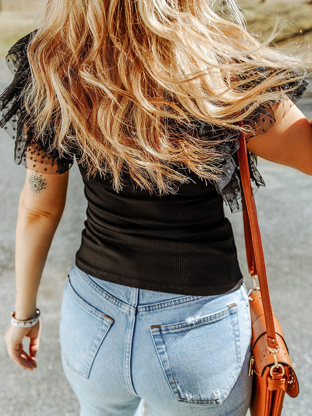 Dotted Black Mesh Ruffle Sleeve Top with Ribbed Knit Texture