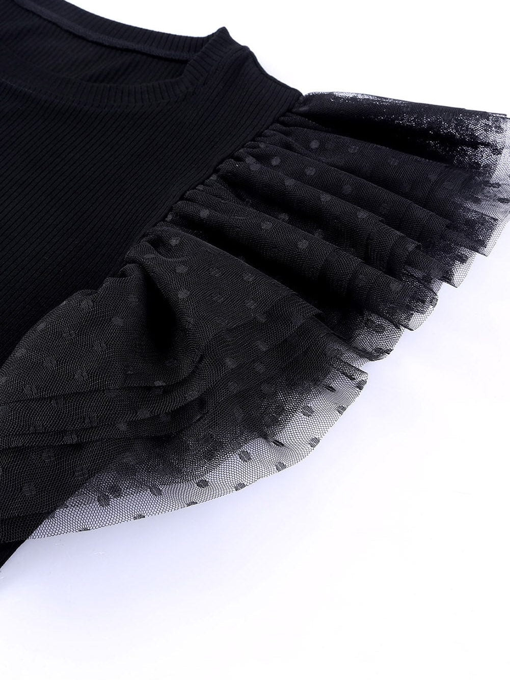 Dotted Black Mesh Ruffle Sleeve Top with Ribbed Knit Texture