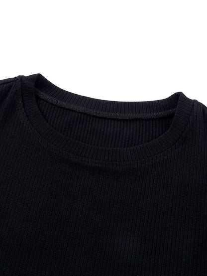 Dotted Black Mesh Ruffle Sleeve Top with Ribbed Knit Texture