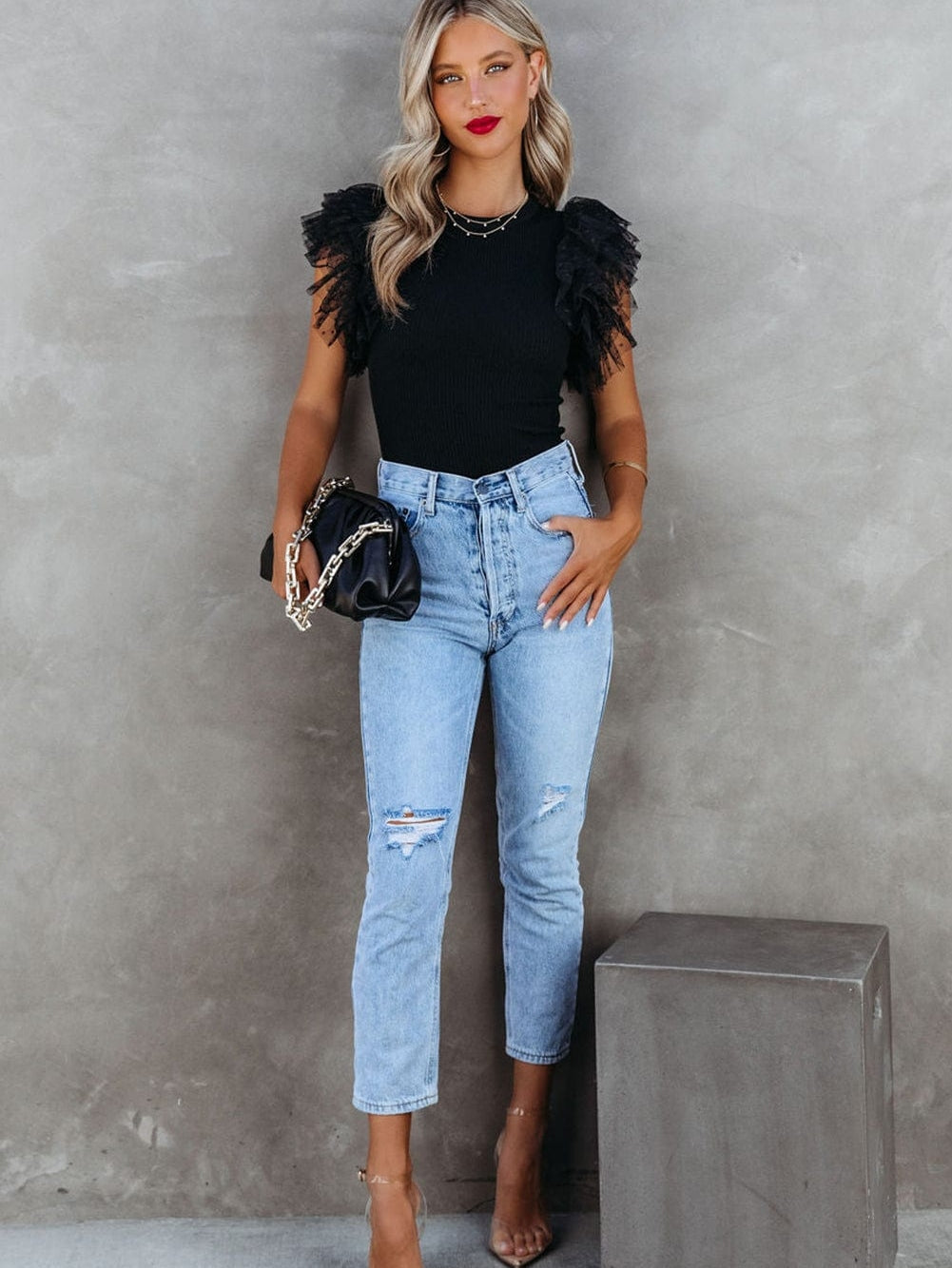 Dotted Black Mesh Ruffle Sleeve Top with Ribbed Knit Texture