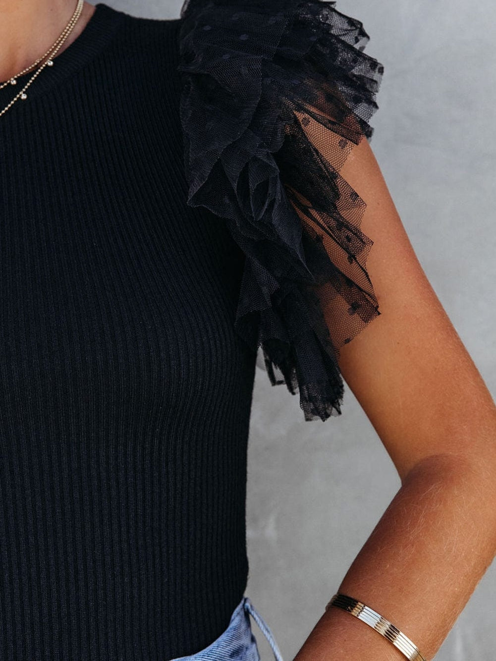Dotted Black Mesh Ruffle Sleeve Top with Ribbed Knit Texture