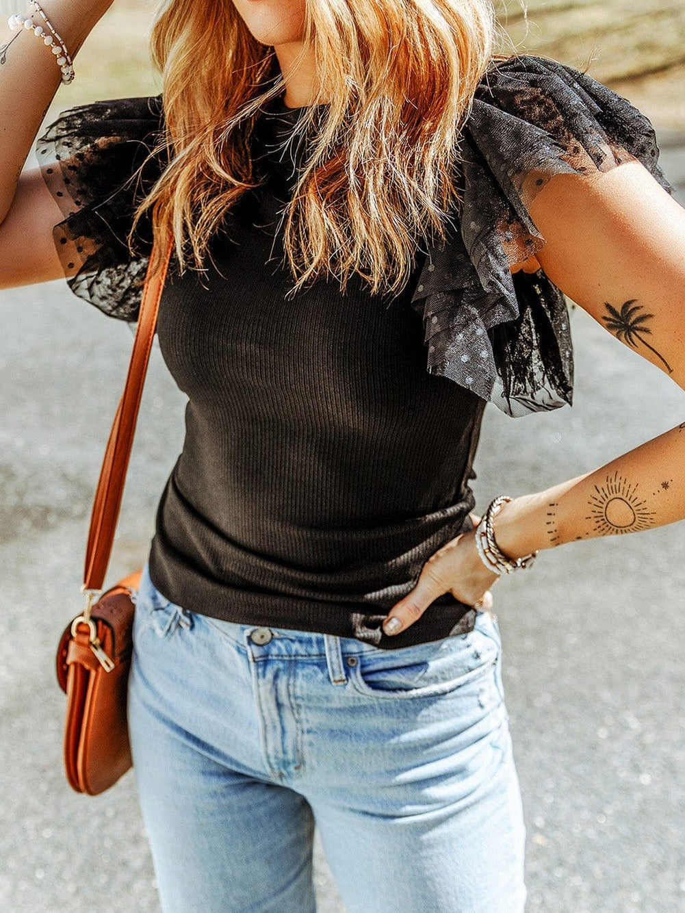 Dotted Black Mesh Ruffle Sleeve Top with Ribbed Knit Texture