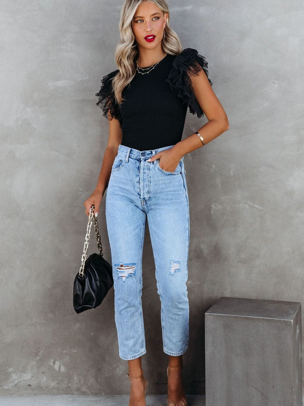 Dotted Black Mesh Ruffle Sleeve Top with Ribbed Knit Texture