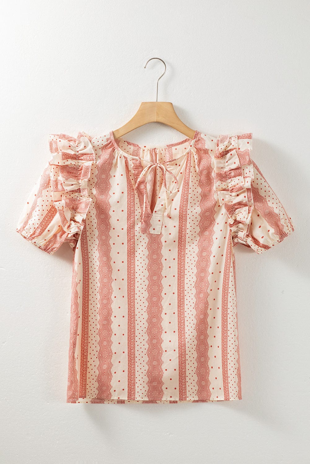 Dotted Print Frilled Puff Sleeve V-Neck Blouse