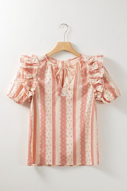 Dotted Print Frilled Puff Sleeve V-Neck Blouse