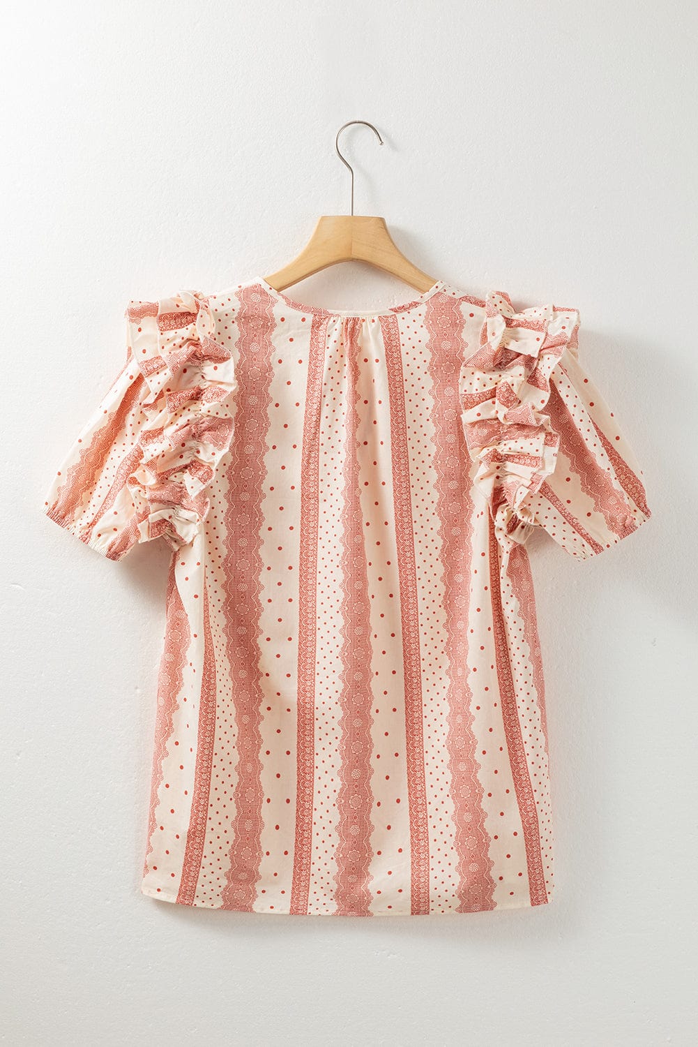 Dotted Print Frilled Puff Sleeve V-Neck Blouse