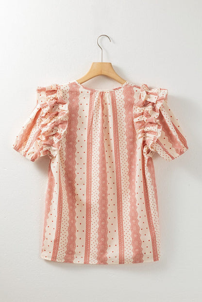 Dotted Print Frilled Puff Sleeve V-Neck Blouse